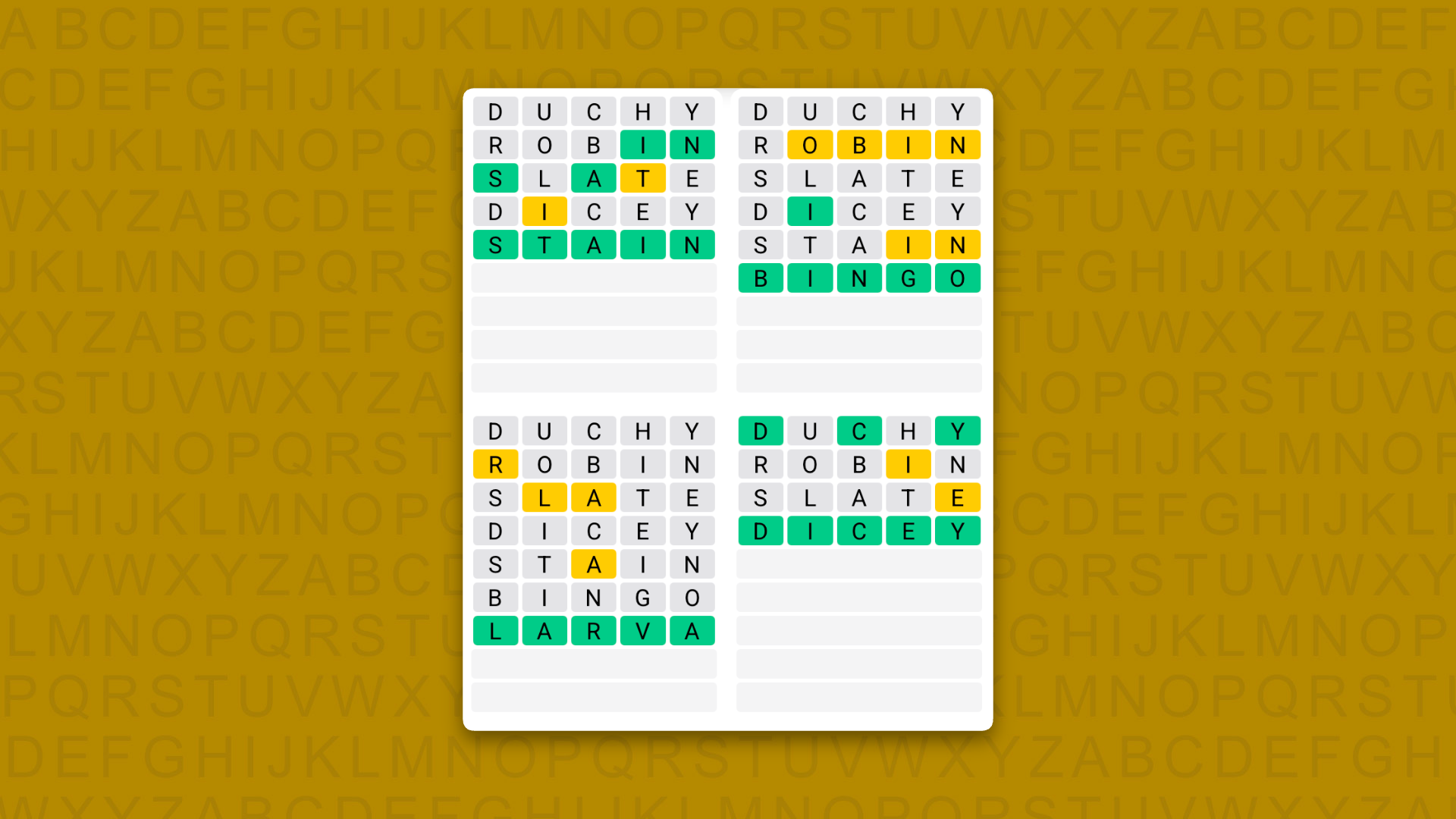 Quordle answers for game 1630 on a yellow background