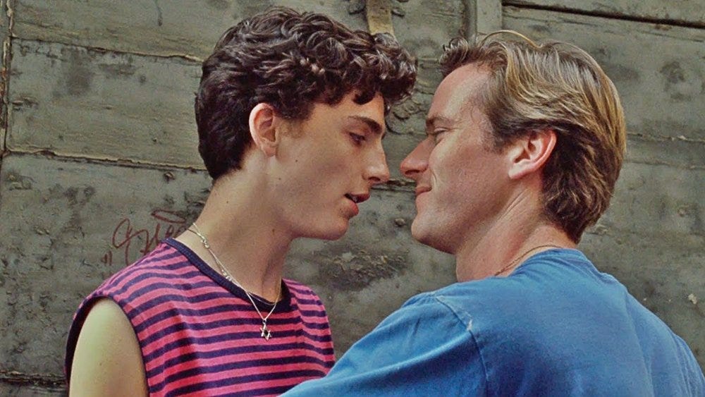 timothee chalamet as elio and armie hammer as oliver leaning into each other by a wall in Call Me By Your Name