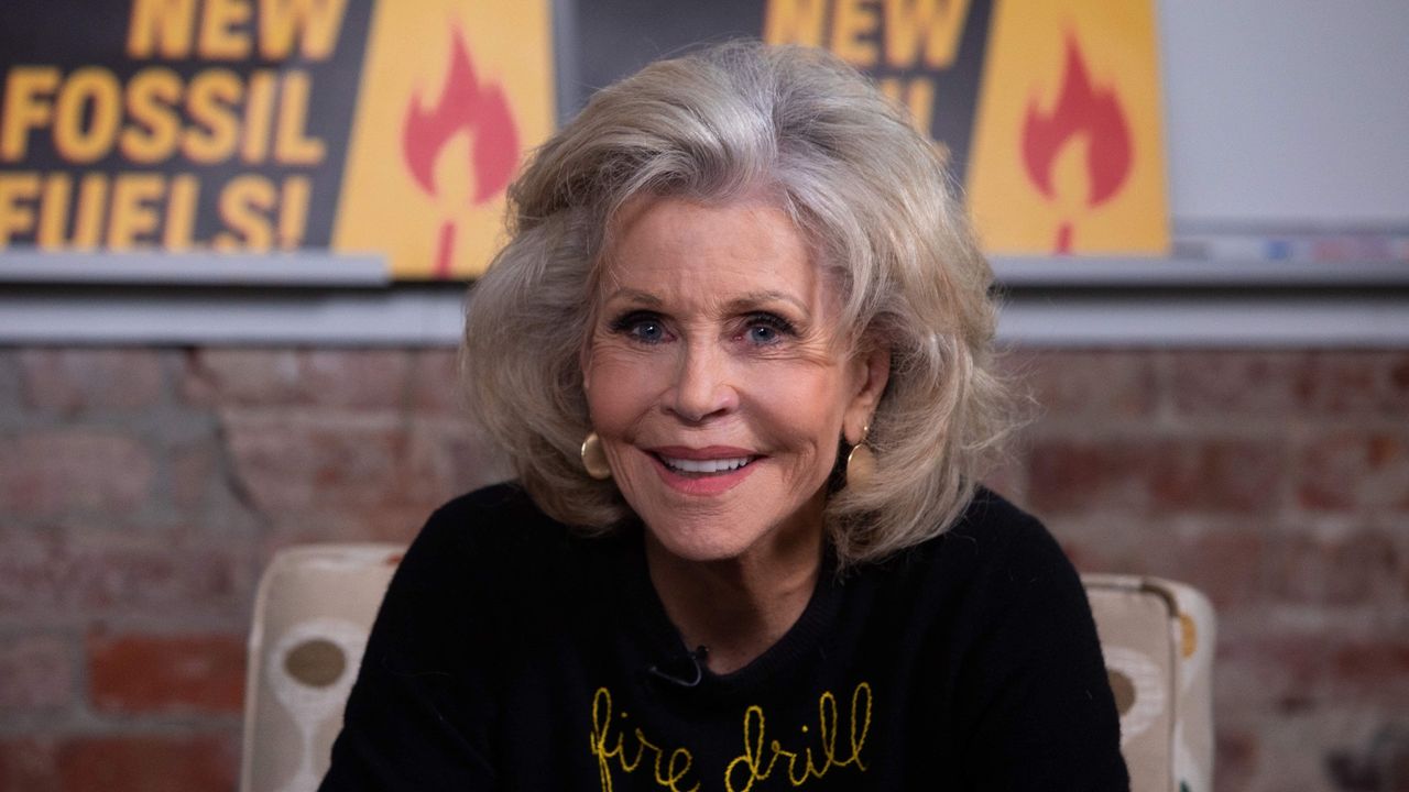 Actress Jane Fonda while hosting a panel titled &#039;&#039;Fire Drill Friday&#039;&#039; to discuss Climate Change consequences with environmental activists in Washington, DC