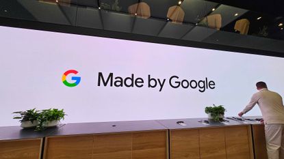 A photo of the Made by Google sign at Google HQ in NYC, October 2023