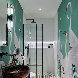 narrow shower room with swan wallpaper