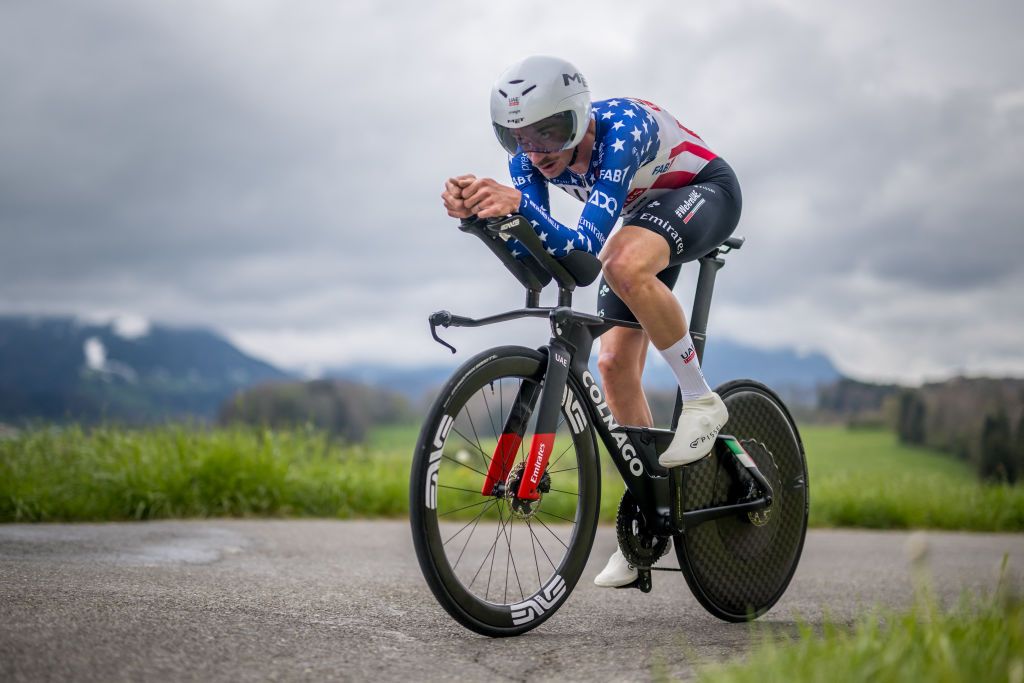 UAE Team Emirates' US rider Brandon McNulty cycles during the third stage of the Tour of Romandy UCI cycling World tour, a 15.5 km time trial starting and finishing in Oron, in Maracon, western Switzerland, on April 26, 2024. (Photo by Fabrice COFFRINI / AFP)