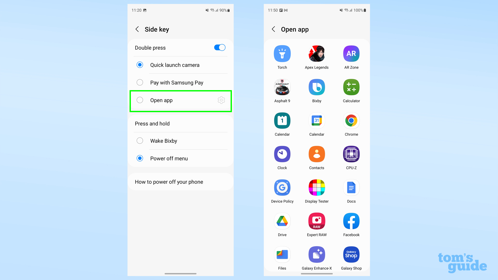 Скриншот с телефона Samsung, показывающий открытый интерфейс выбора приложения для боковой клавиши