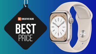 The off-white Apple Watch Series 8 watch on a Best Price-tagged image. 