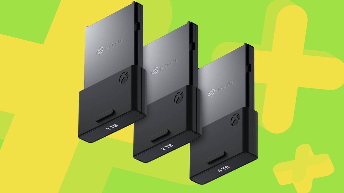 Promo image of the Seagate series of Xbox Storage Expansion Cards on a light green GamesRadar+ background.