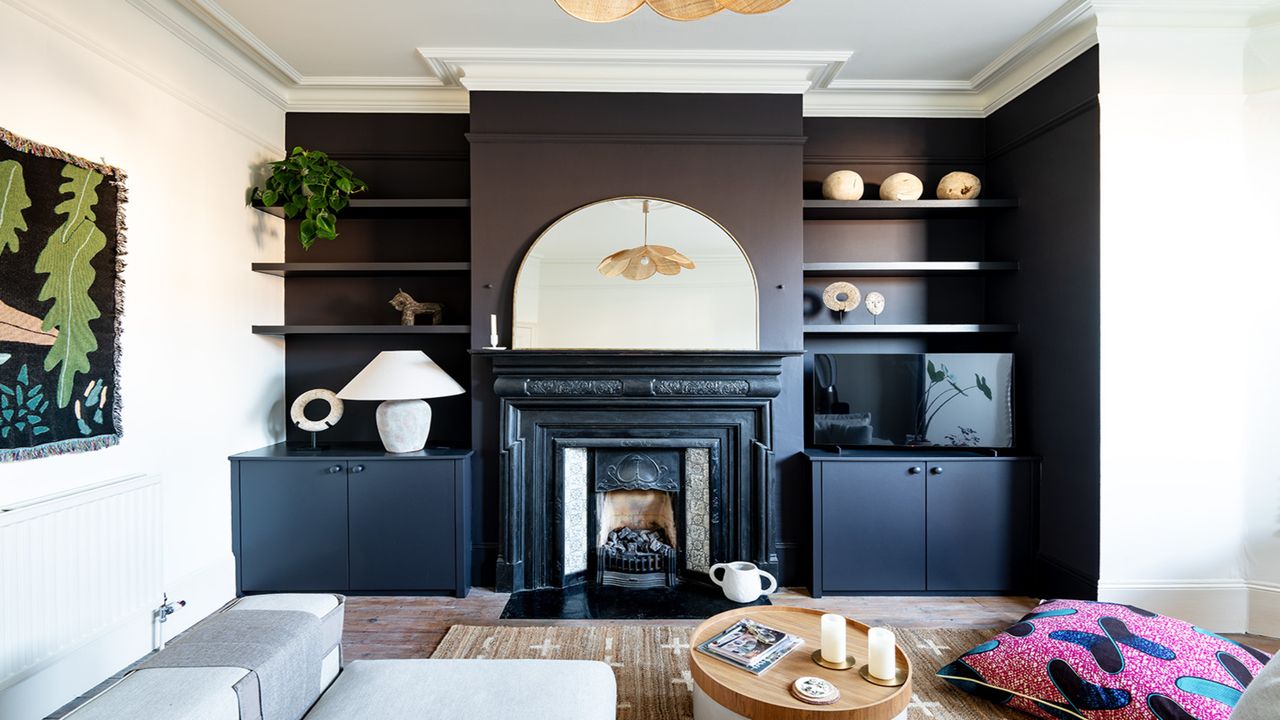 living room with black painted storage