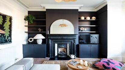 living room with black painted cabinetry and fireplace