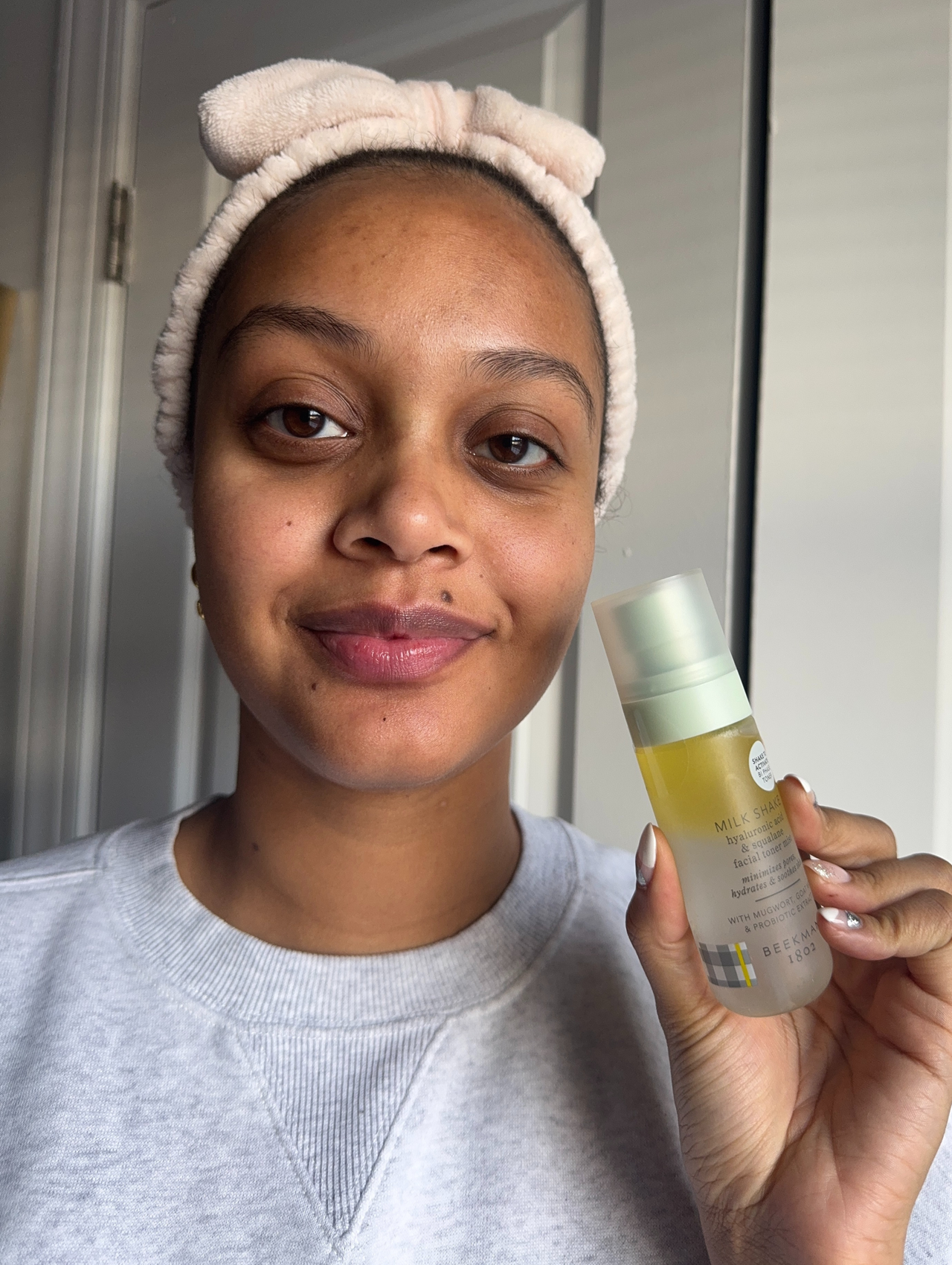 Shauna Beni-Haynes before and after testing Beekman's 1802 Milk Shake Hyaluronic Acid &amp; Squalane Facial Toner Mist
