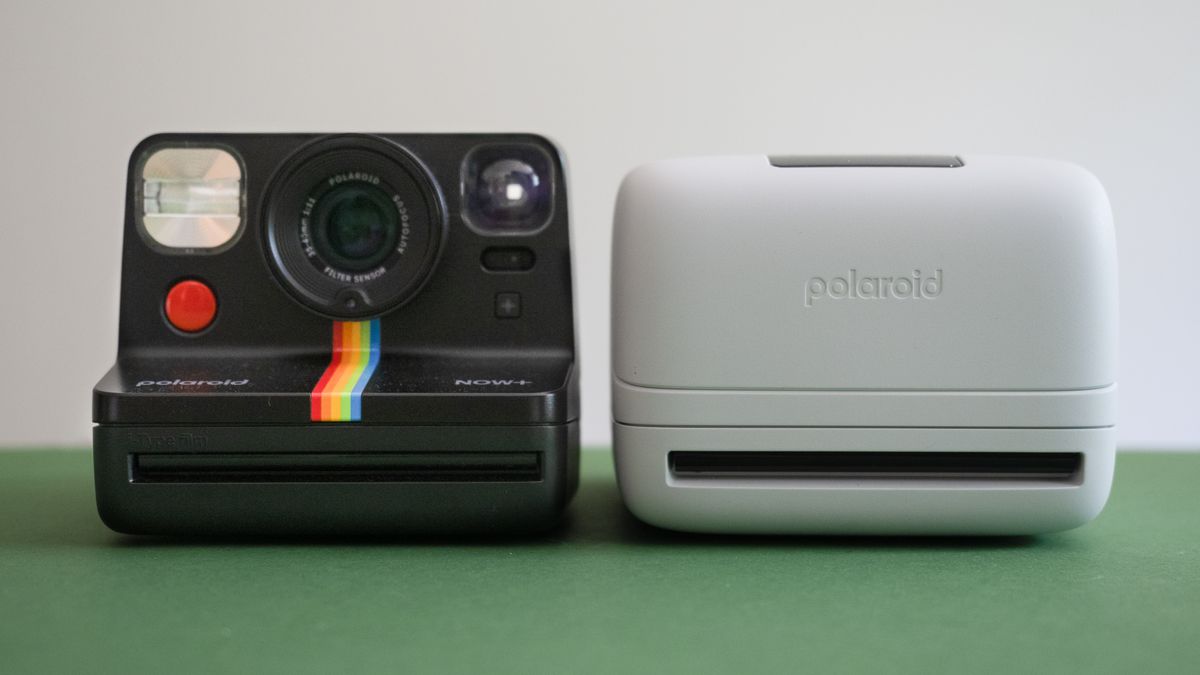 Polaroid Now+ Gen 2 next to a Polaroid Flip, on a green surface
