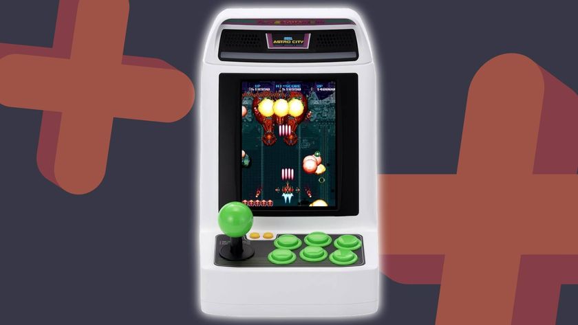 Sega Astro City Mini V arcade machine with navy and orange GamesRadar+ backdrop with plus symbols.