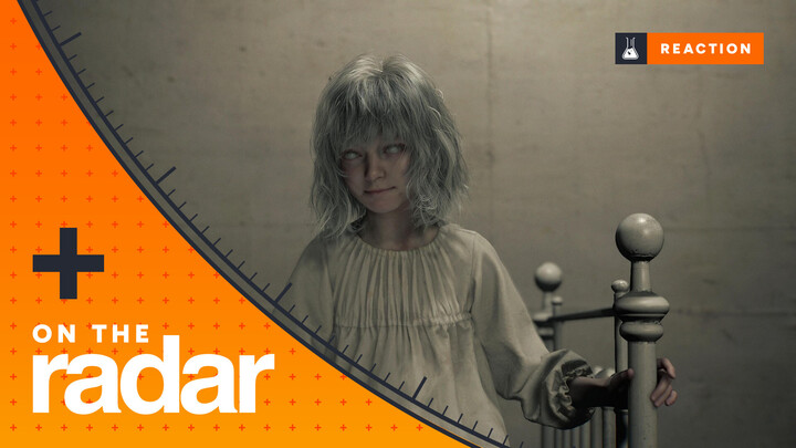 Emily sits on a bed behind an orange banner that reads "on the radar"