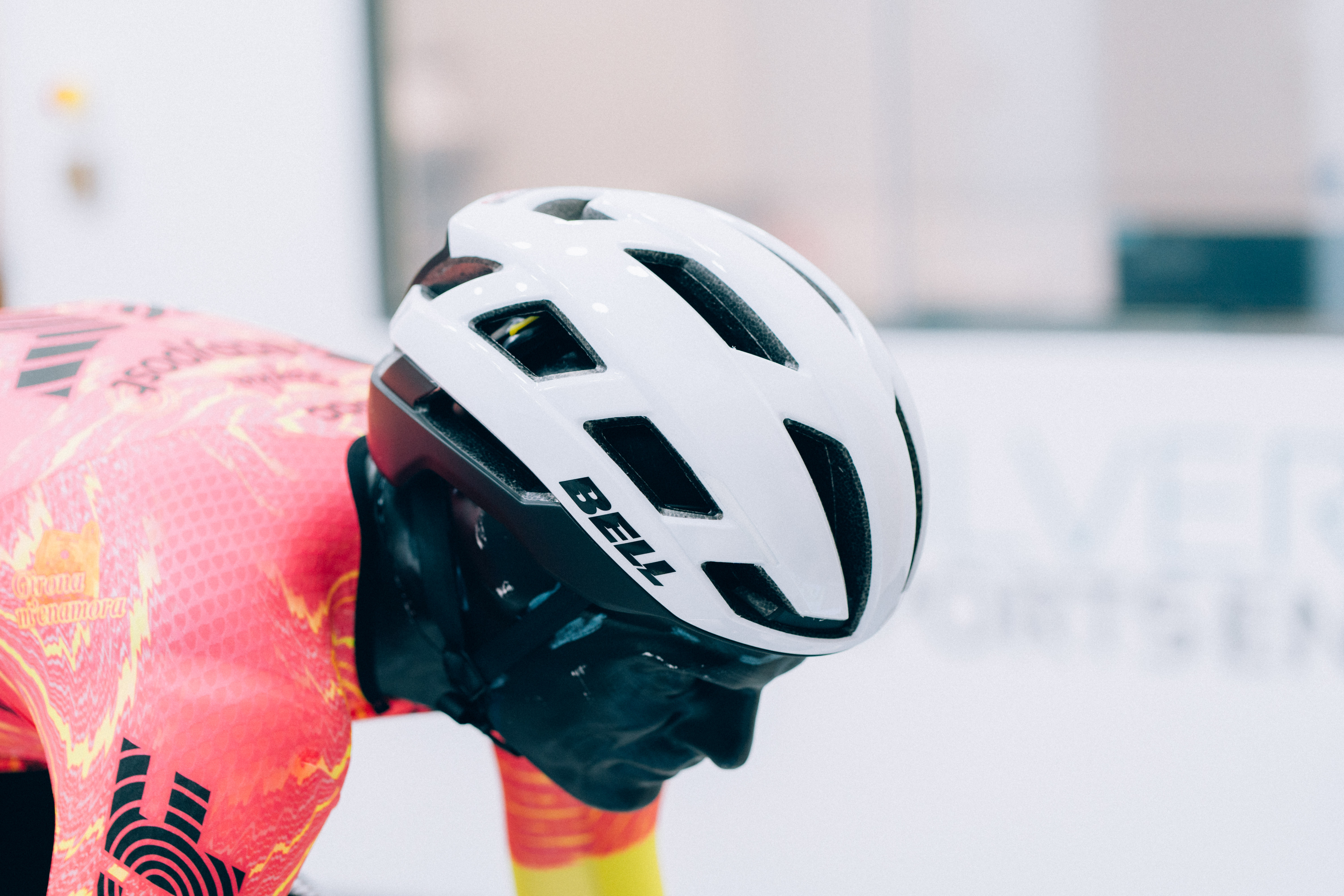 A close up of helmets being tested in the wind tunnel