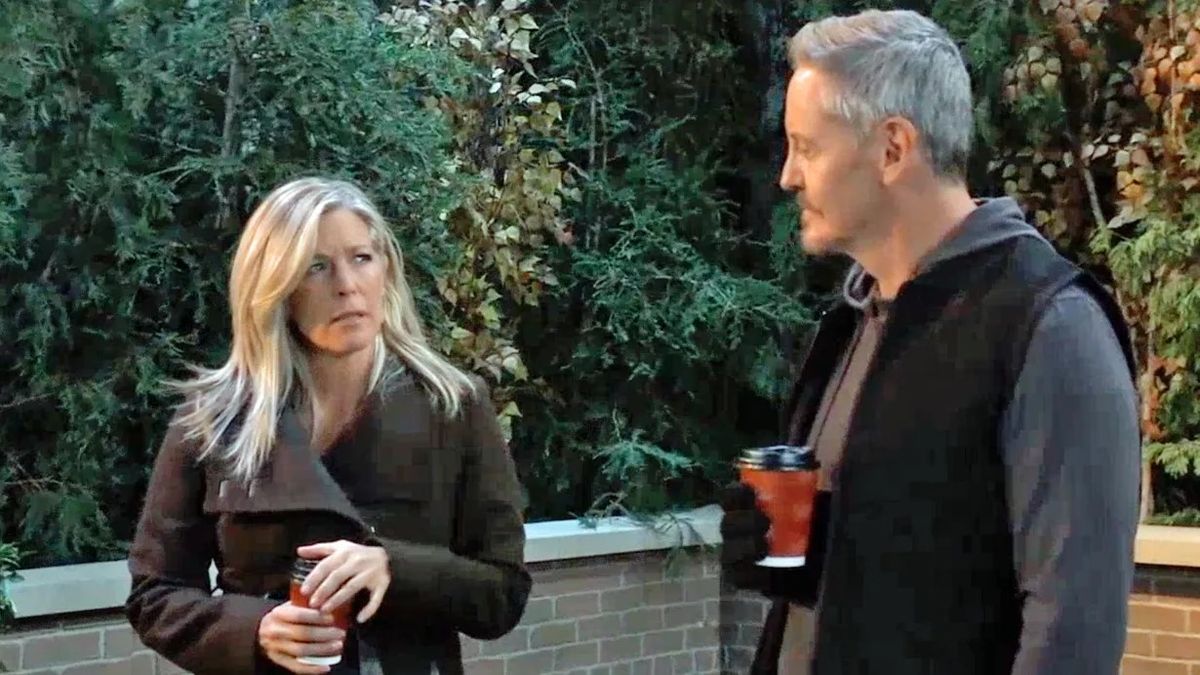 Laura Wright and Charles Mesure as Carly and Brennan talking in the park in General Hospital