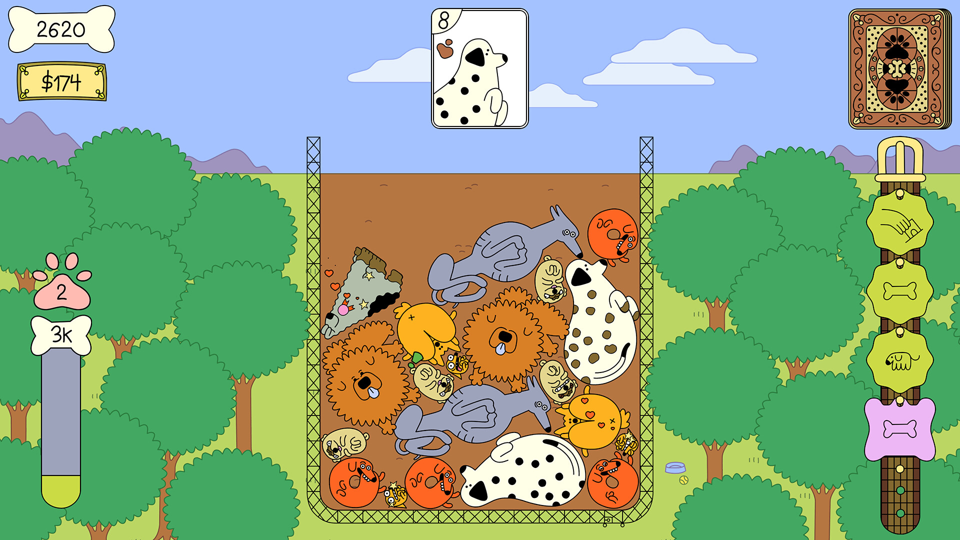 Dogpile screenshot showing a pile of cartoon dogs on screen that can be merged to make bigger dogs
