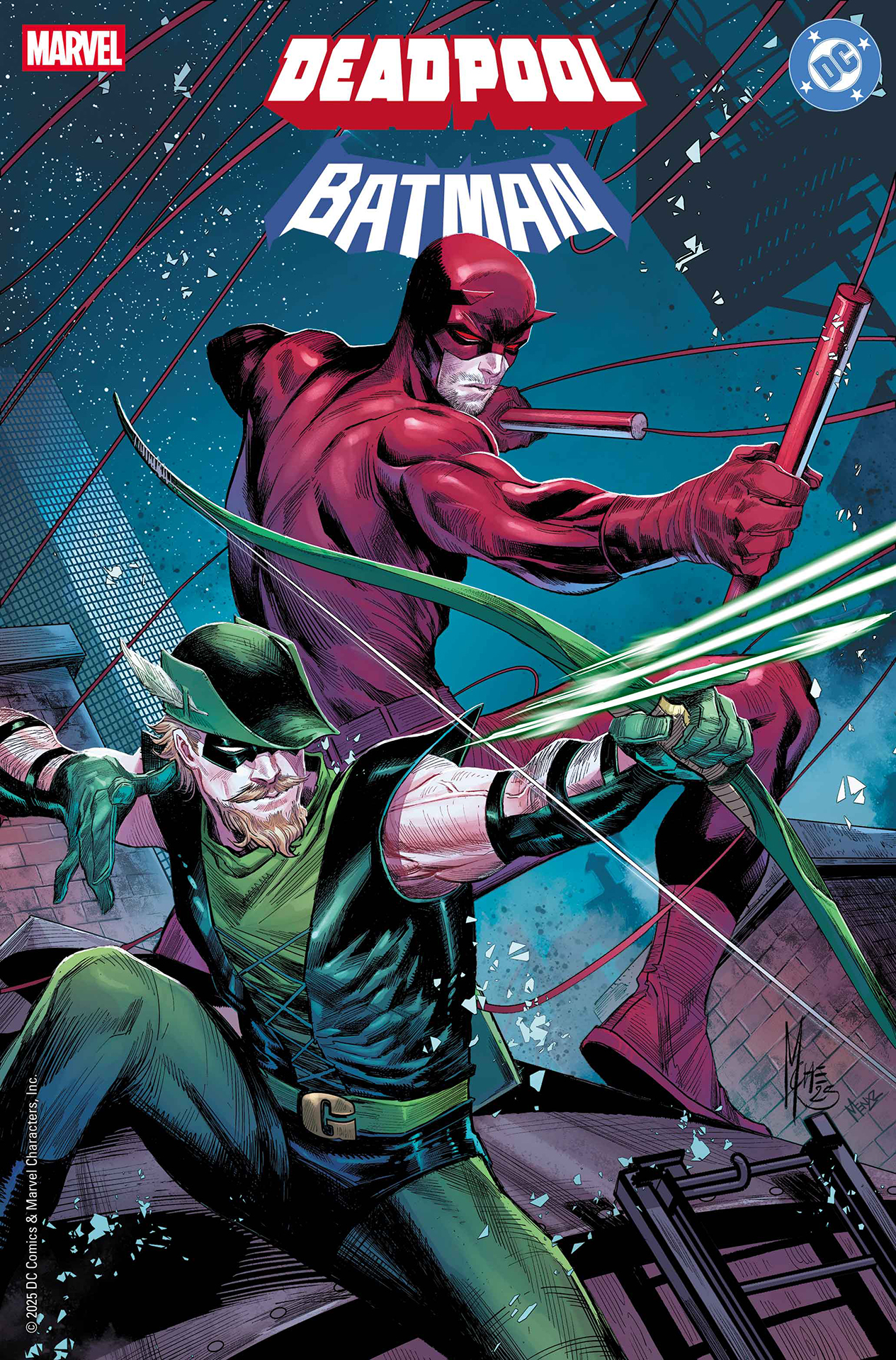 Marvel/DC: Deadpool/Batman #1 cover featuring Green Arrow and Daredevil