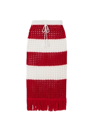 Farm Rio , Fringed Striped Crocheted Cotton Midi Skirt