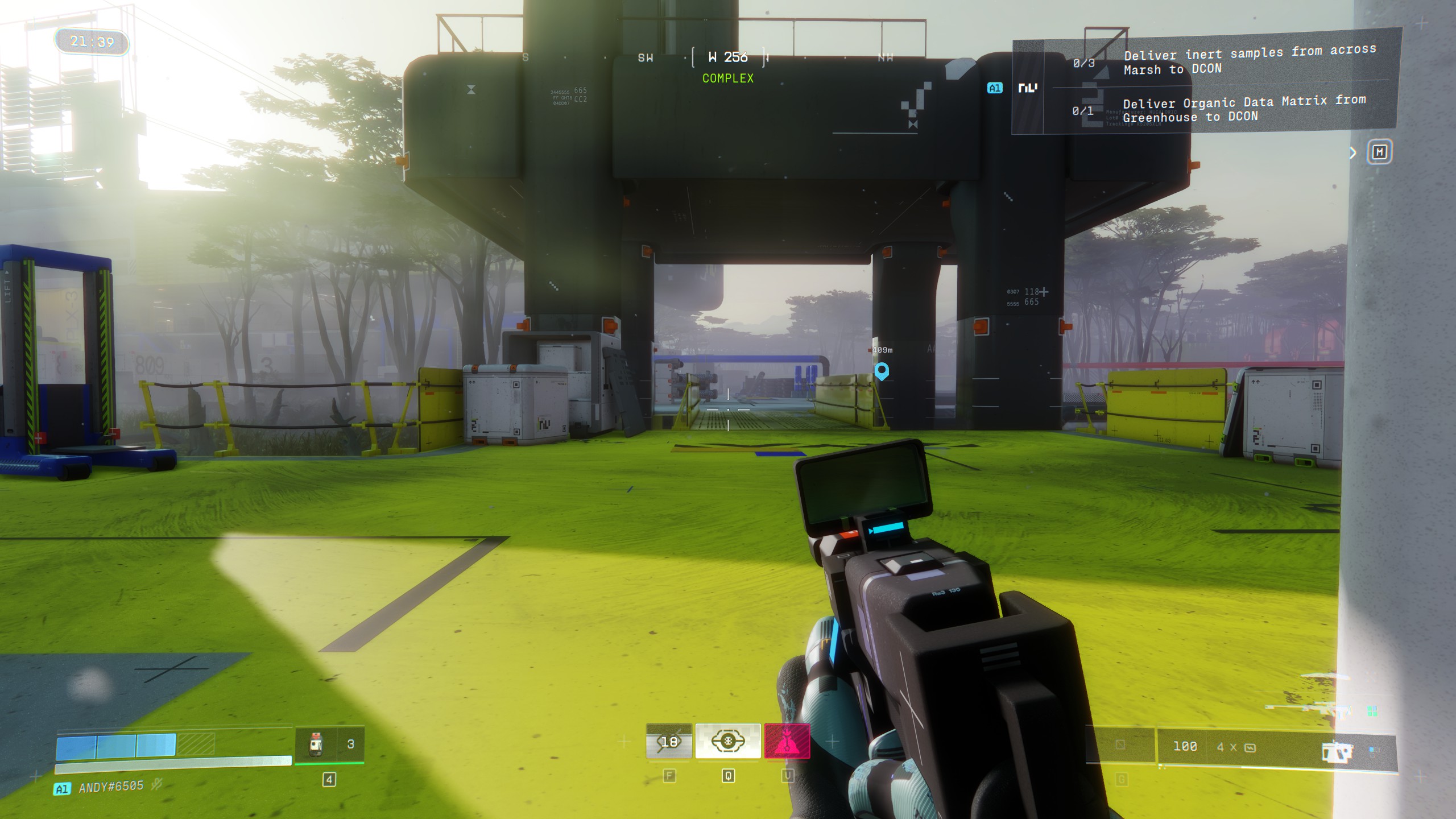 A player moving over a sunlit green roof with a Volt SMG in Marathon