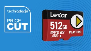 A black and red MicroSD card against a blue background