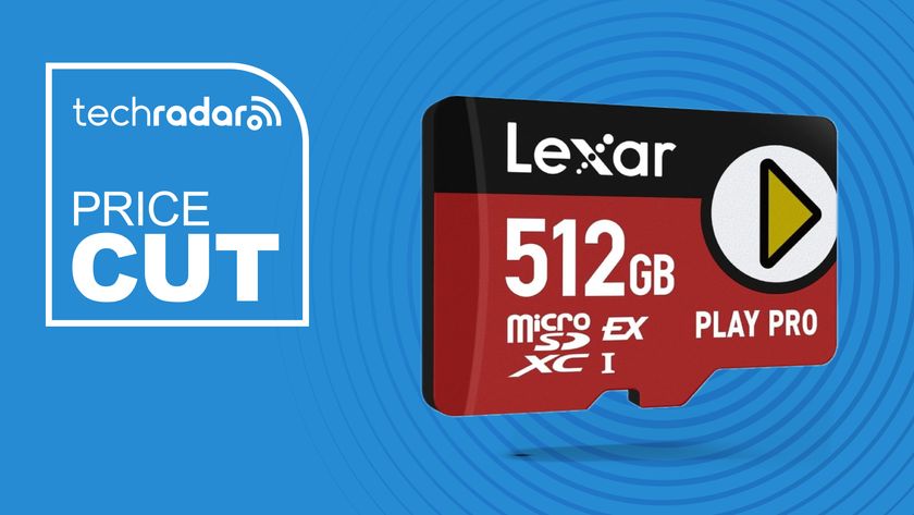 A black and red MicroSD card against a blue background