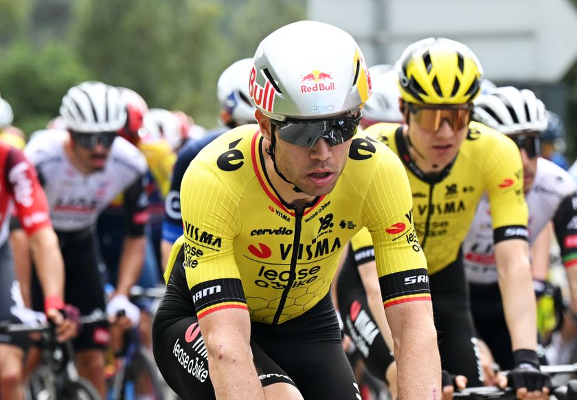 Wout Van Aert wears an aero helmet during a road stage of the Volta ao Algarve