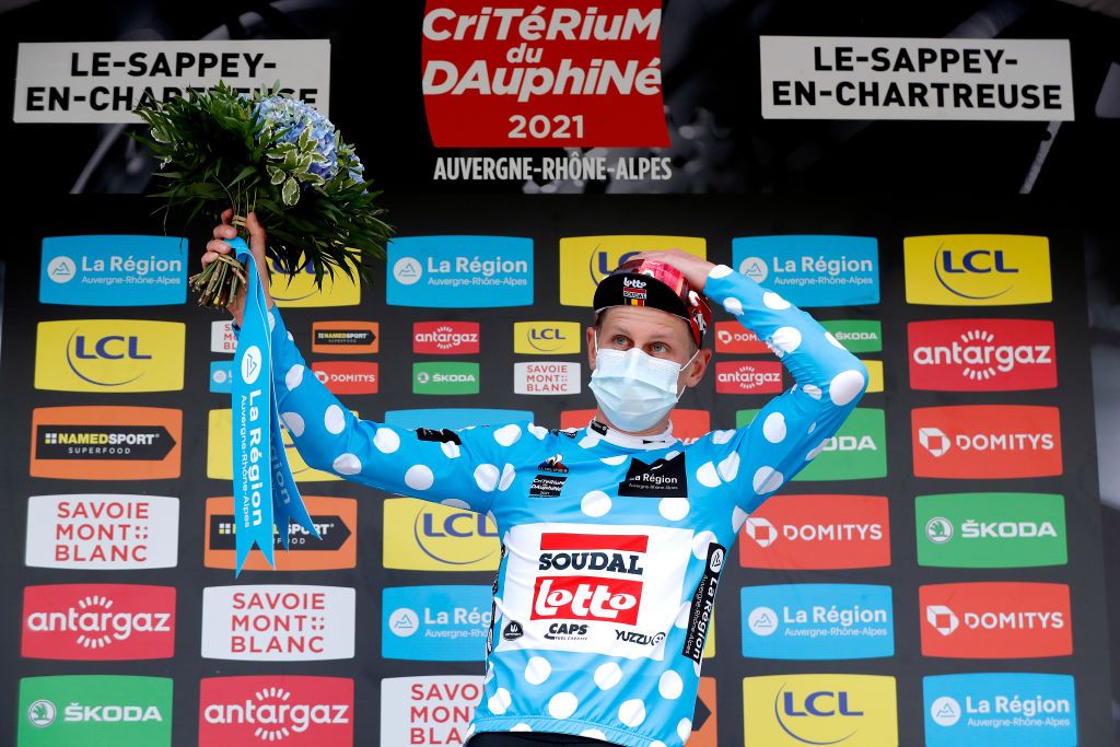 LE SAPPEYENCHARTREUSE FRANCE JUNE 04 Matthew Holmes of United Kingdom and Team Lotto Soudal Polka Dot Mountain Jersey celebrates at podium during the 73rd Critrium du Dauphin 2021 Stage 6 a 1672km stage from LoriolsurDrome to Le SappeyenChartreuse 1003m UCIworldtour Dauphin dauphine on June 04 2021 in Le SappeyenChartreuse France Photo by Bas CzerwinskiGetty Images