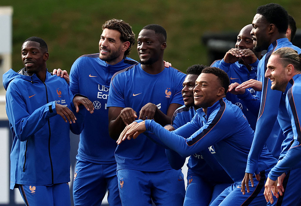 France's players react during a training session at the French Football Federation's (FFF) training ground in Clairefontaine-en-Yvelines, southwest of Paris on June 6, 2026