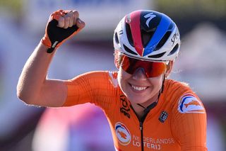 Netherlands Anna van der Breggen celebrates as she crosses the finish line to win the Womens Elite Road Race a 143kilometer route around Imola EmiliaRomagna Italy on September 26 2020 as part of the UCI 2020 Road World Championships Photo by Marco BERTORELLO AFP Photo by MARCO BERTORELLOAFP via Getty Images