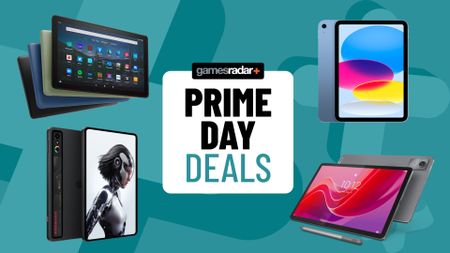 Amazon, Apple, and Android tablets on a blue background with Prime Day deals badge