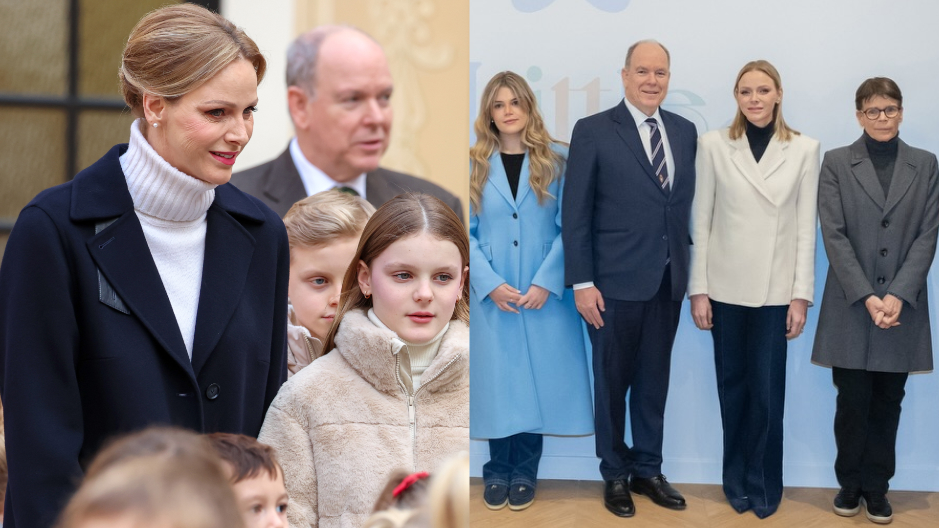 Princess Charlene and Princess Gabriella; Prince Albert, Princess Charlene and Princess Stephanie standing next to each other against a wall 