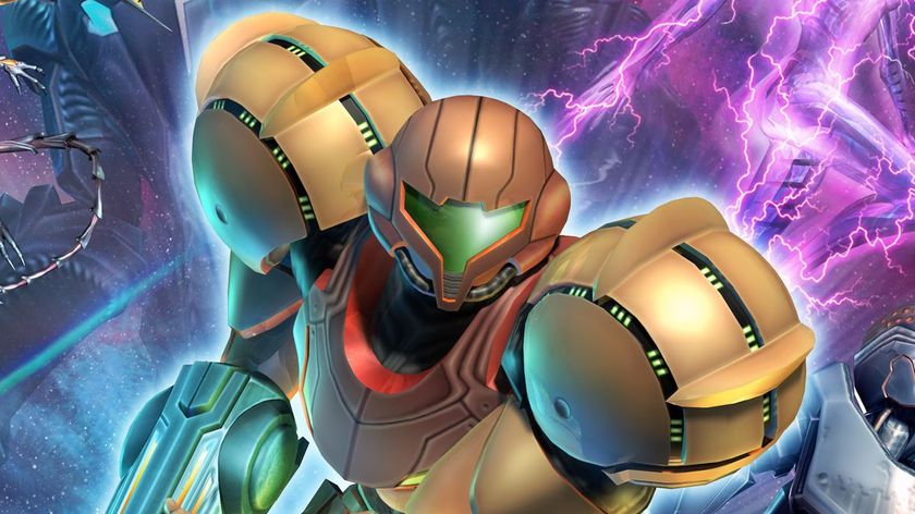 Samus Aran leaping through space