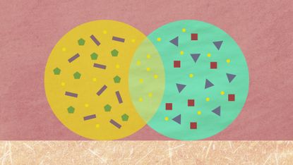 Two paper circles overlap and share yellow shapes.