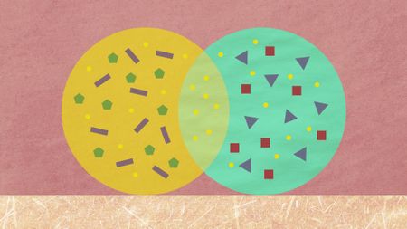Two paper circles overlap and share yellow shapes.