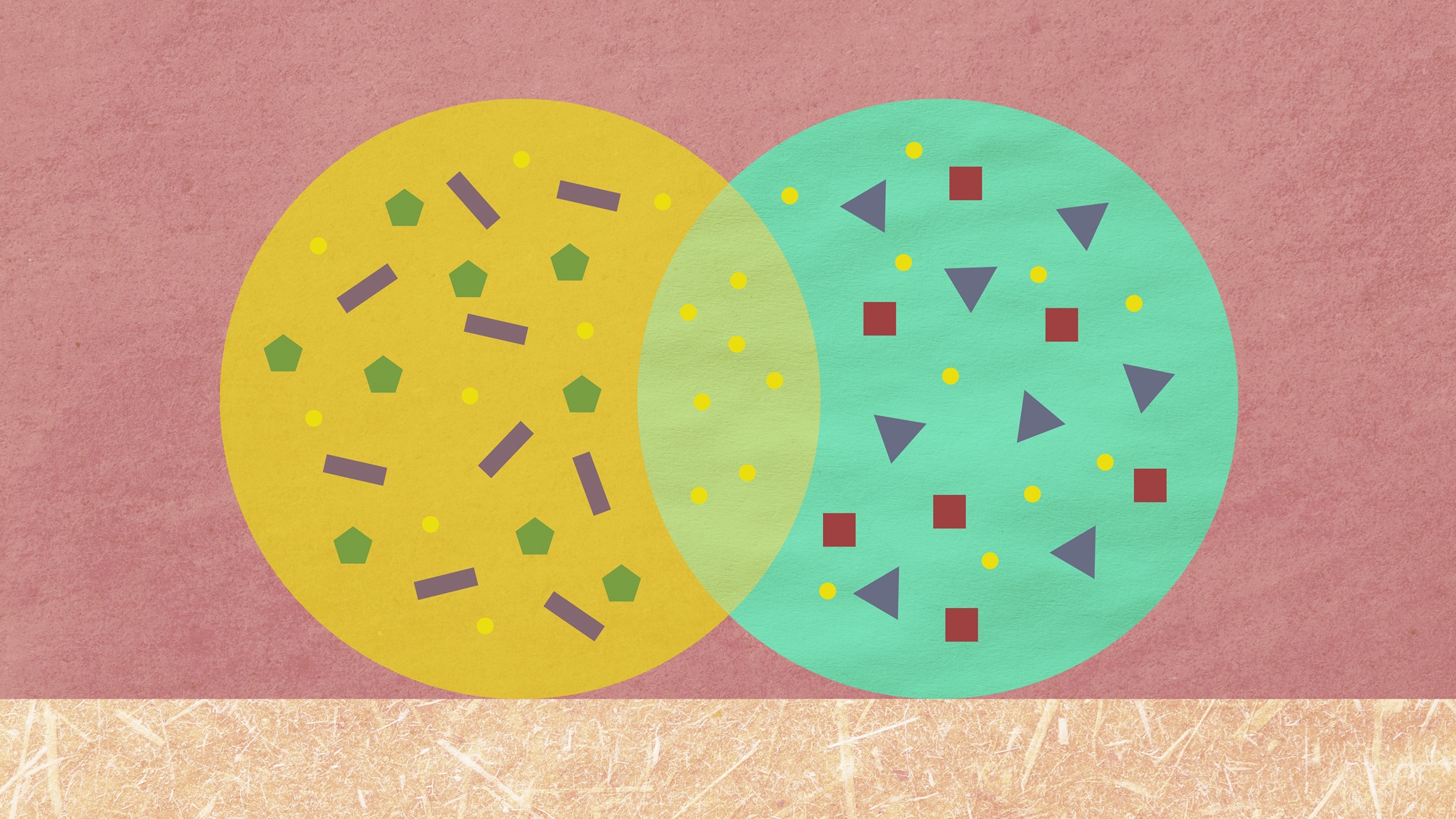 Two paper circles overlap and share yellow shapes.