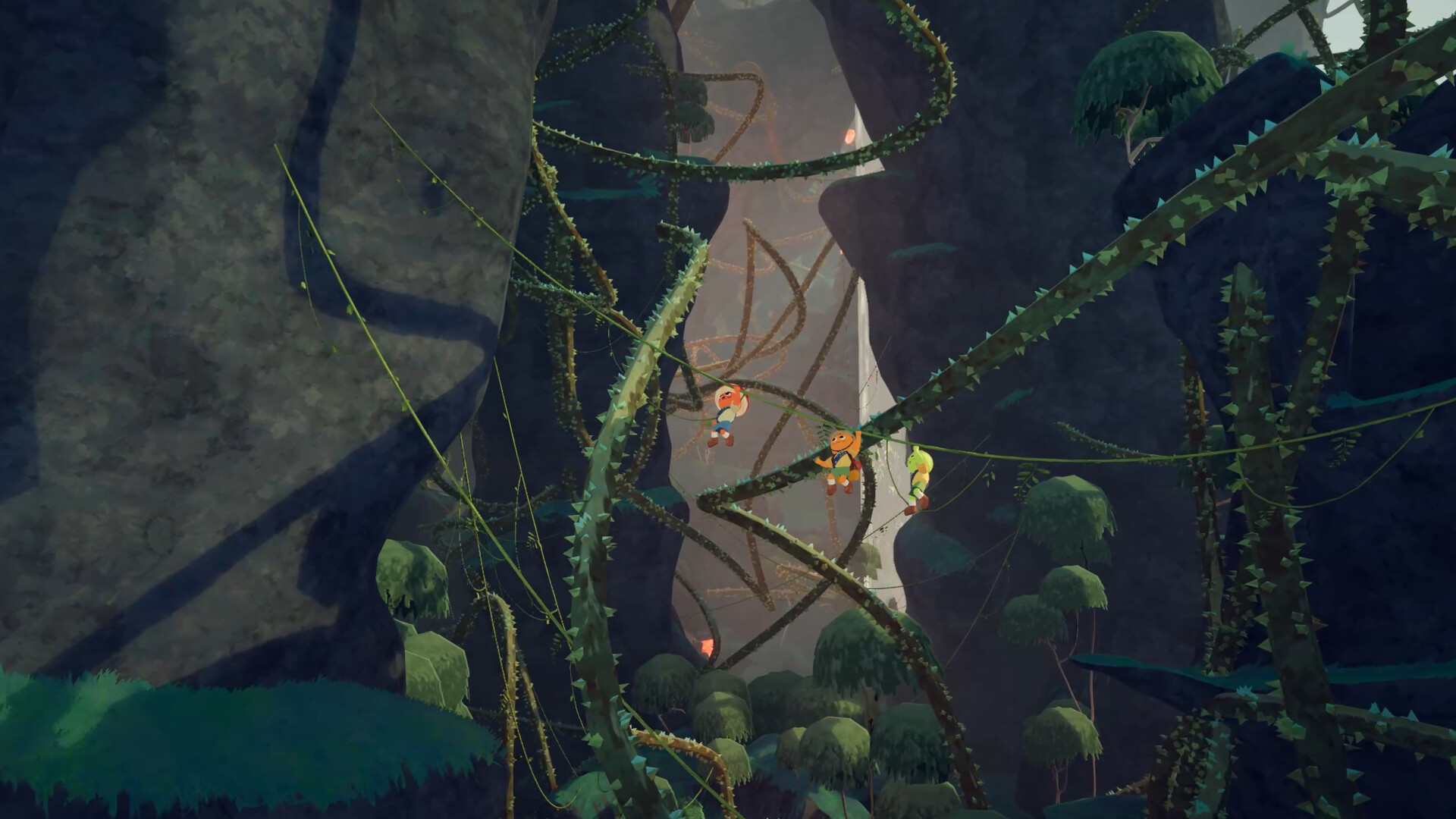 A trio of scouts climbing hanging from a vine in Peak