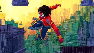 Spider-Man India flies through the sky in Spider-Man: Across the Spider-Verse
