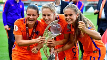 Dutch stars Sherida Spitse, Vivianne Miedema and Lieke Martens celebrate after winning Euro 2017
