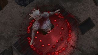 The Dark Urge in the guise of a white skinned Dragonborn performs a Baalite ritual