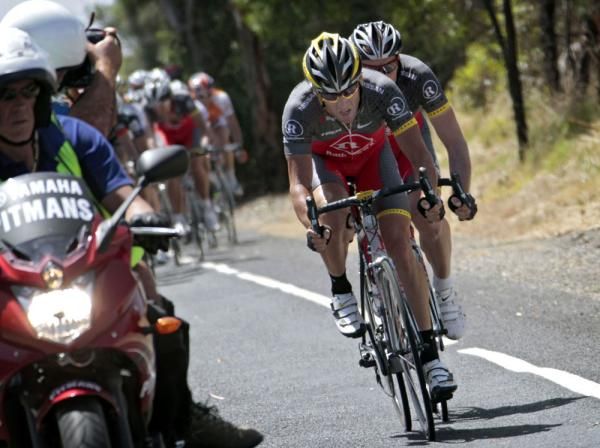 RadioShack's Lance Armstrong and Thomas Vaitkus fly away from the peloton