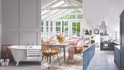 A grey panelled bathroom with a white rolltop tub / A sun room with a table decorated for a summer dinner / A blue galley kitchen