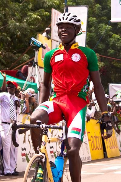 Nikieme is ecstatic at winning Stage Ten in front of an enormous crowd in downtown Ouagadougou.