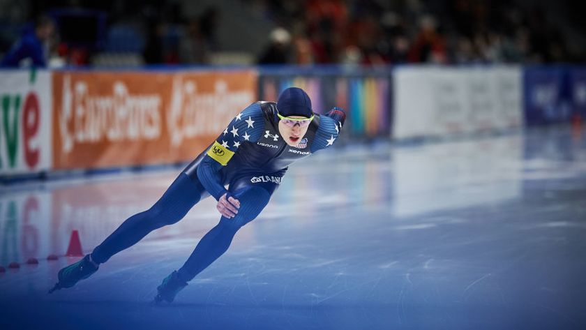 Jordan Stolz competes in the Men&#039;s 1000m during ISU World Cup Speed Skating in February 2025 ahead of the World Single Distances Speed Skating Championships 