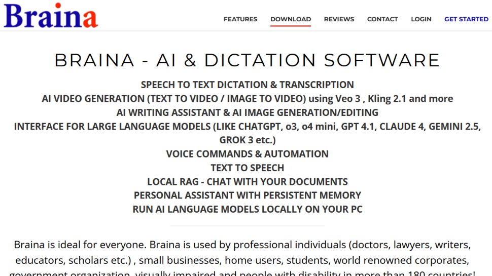 Braina website screenshot (August 2025).