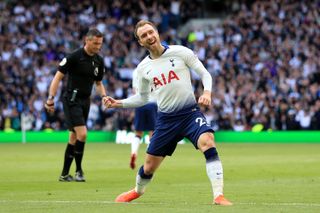 Christian Eriksen celebrates after scoring for Tottenham against Everton in 2019.