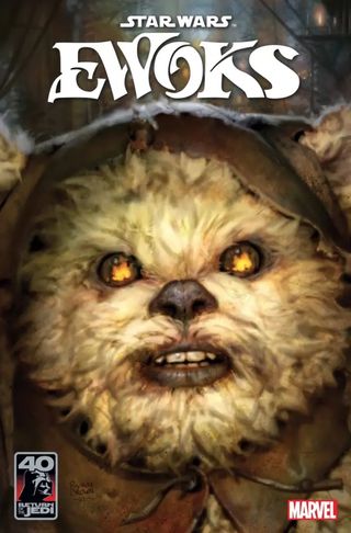 an ewok stares into a fire, which is reflected in its eyes