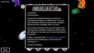 An in-game announcement warns Among Us players of emergency maintennance