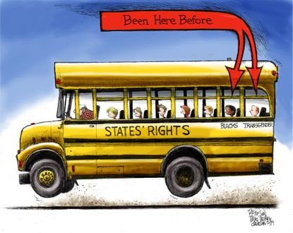 Political Cartoon U.S. States school bus blacks trans protection