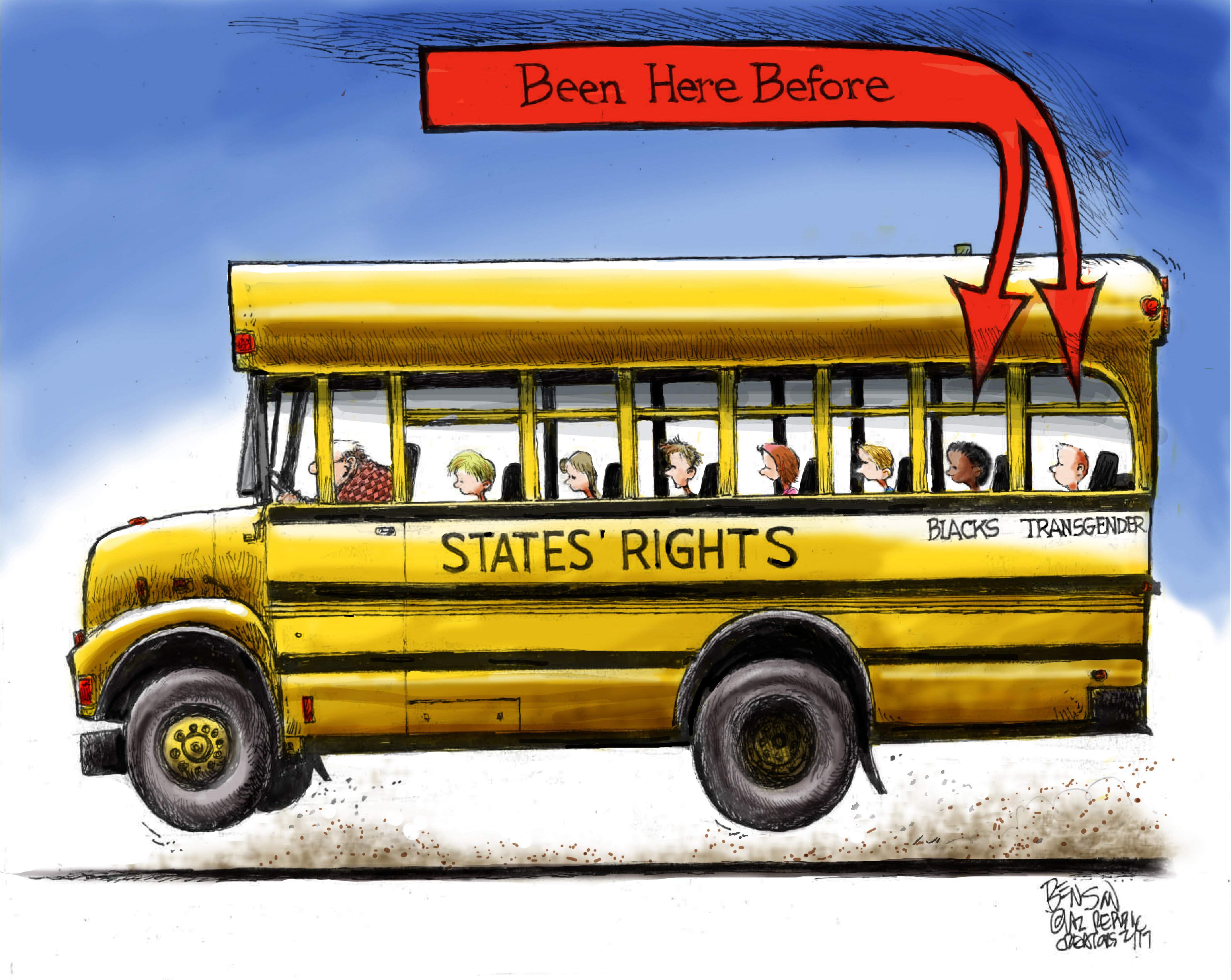 Political Cartoon U.S. States school bus blacks trans protection | The Week