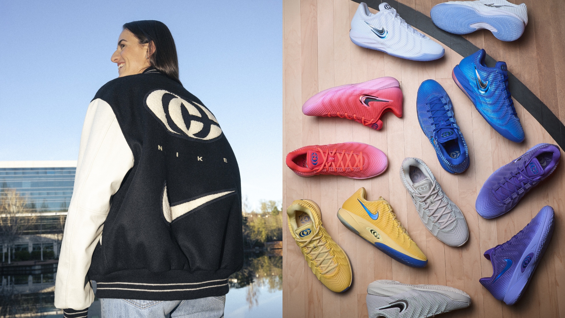 A collage of Caitlin Clark modeling a jacket from her Nike collaboration, alongside an image of Nike Caitlin 1 sneakers.