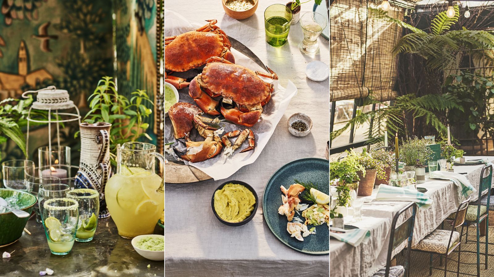 Lemonade, crab plate, dining table