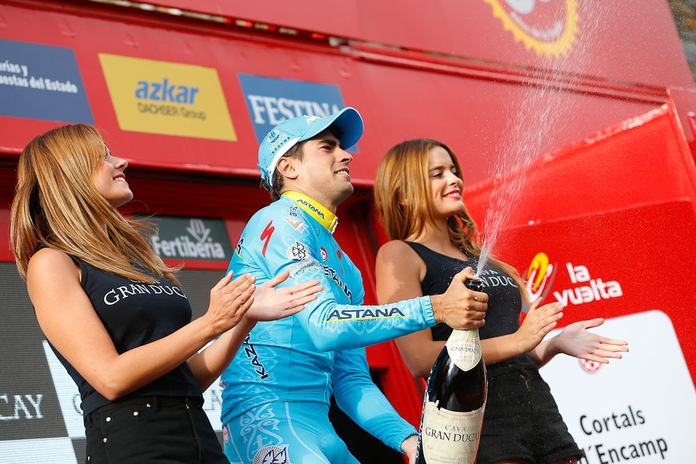Mikel Landa (Astana) celebrates on the stage 11 podium at the 2015 Vuelta a Espana.
